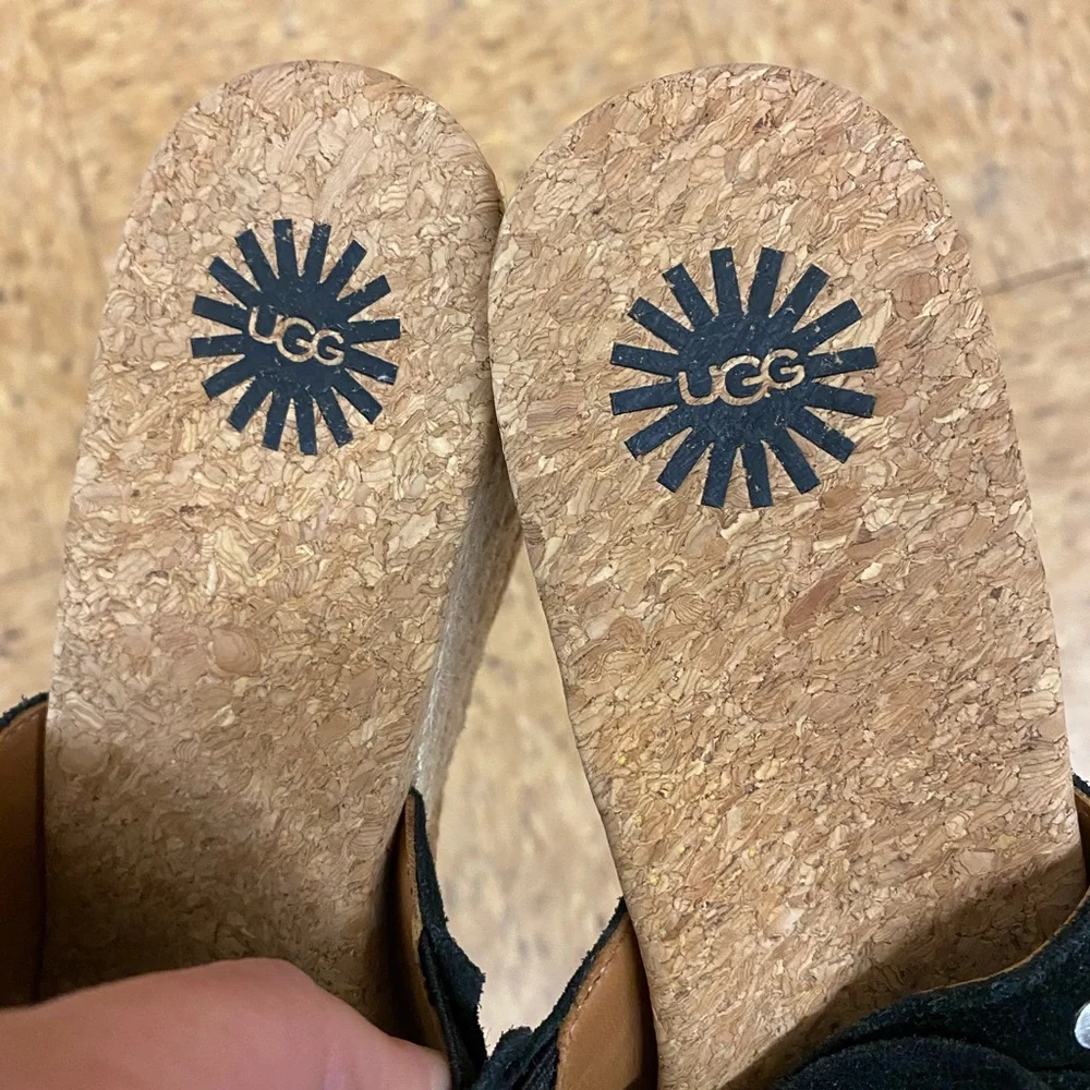 UGG Black Suede Fringe Espadrille Wedge Slides